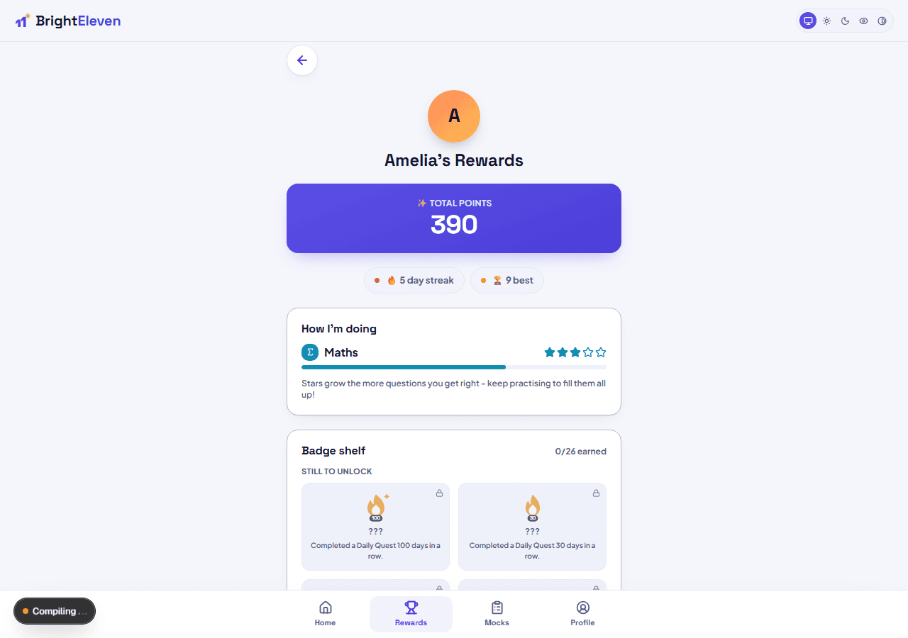 A child's rewards screen showing total points, streak, subject stars, and a badge shelf