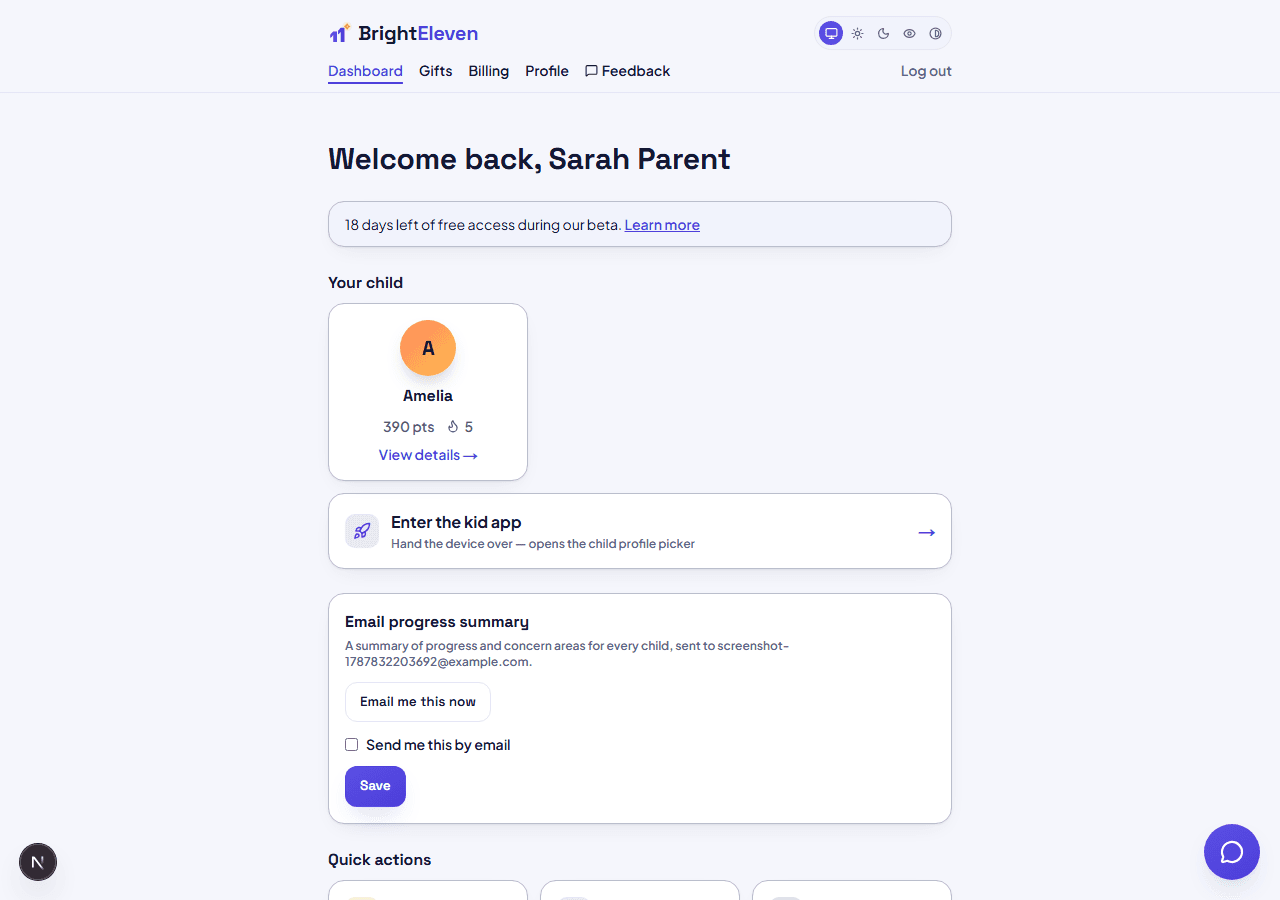 Parent dashboard showing a child's profile card with points and streak, and an 'Enter the kid app' button