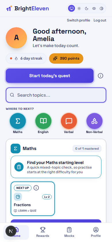 A child's home screen showing subject progress, streak, and today's quest