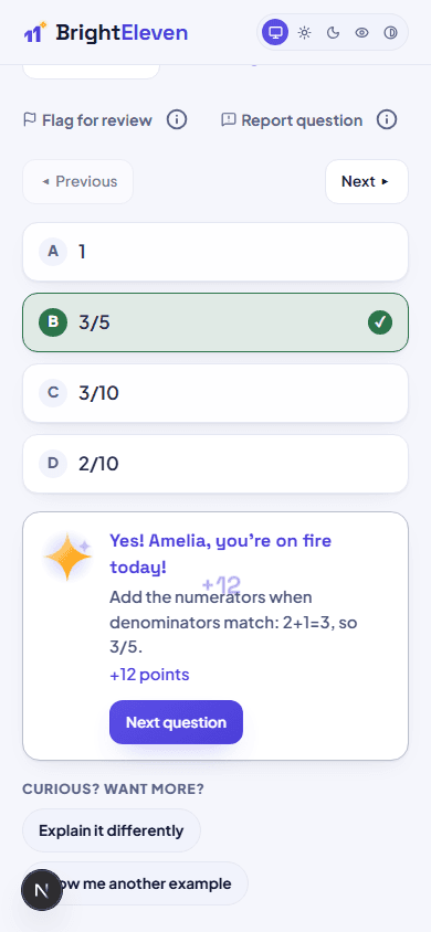 A practise question with a correct-answer celebration and explanation